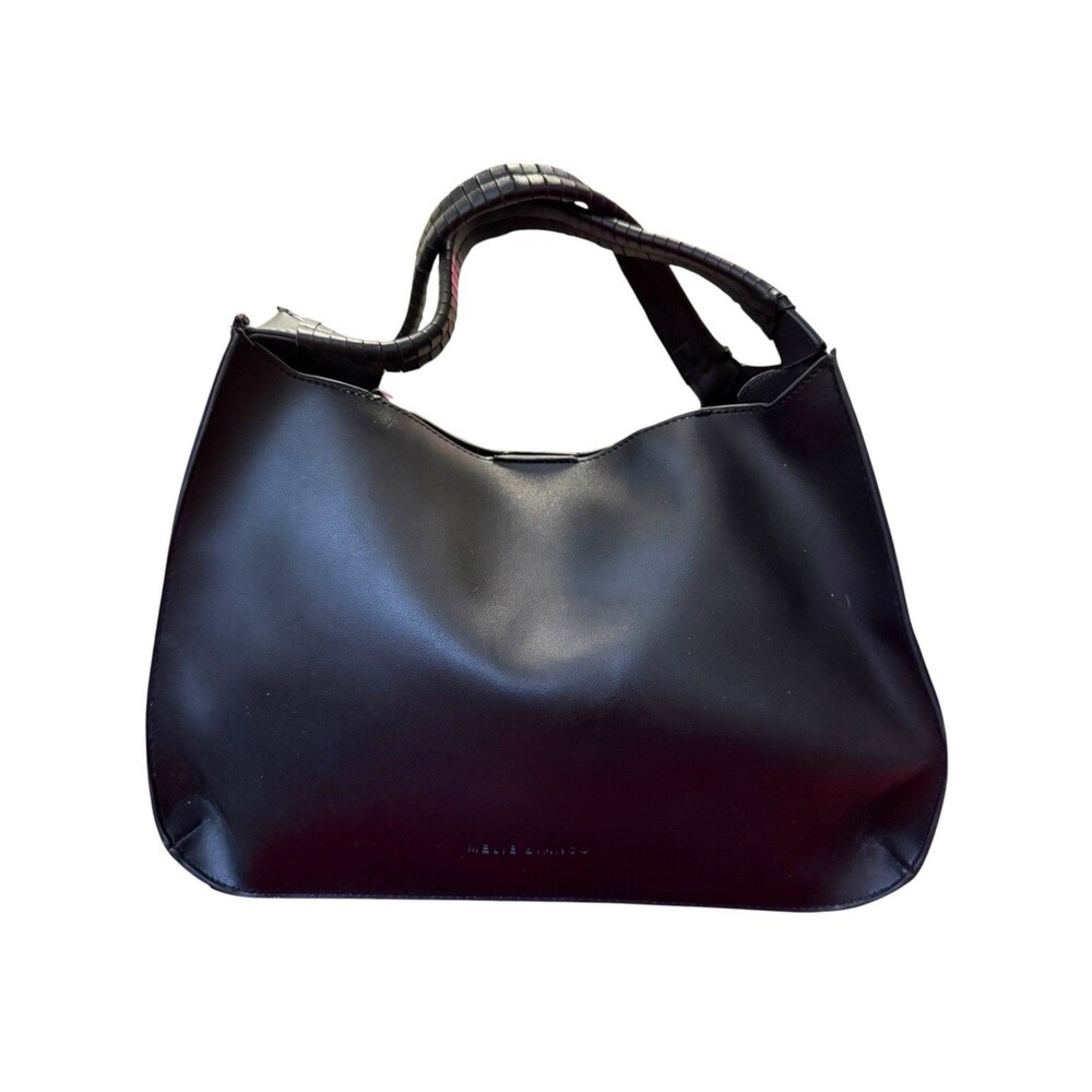Melie Bianco Black Vegan Leather Slouchy Hobo Tote Woven Handle Shoulder Bag
